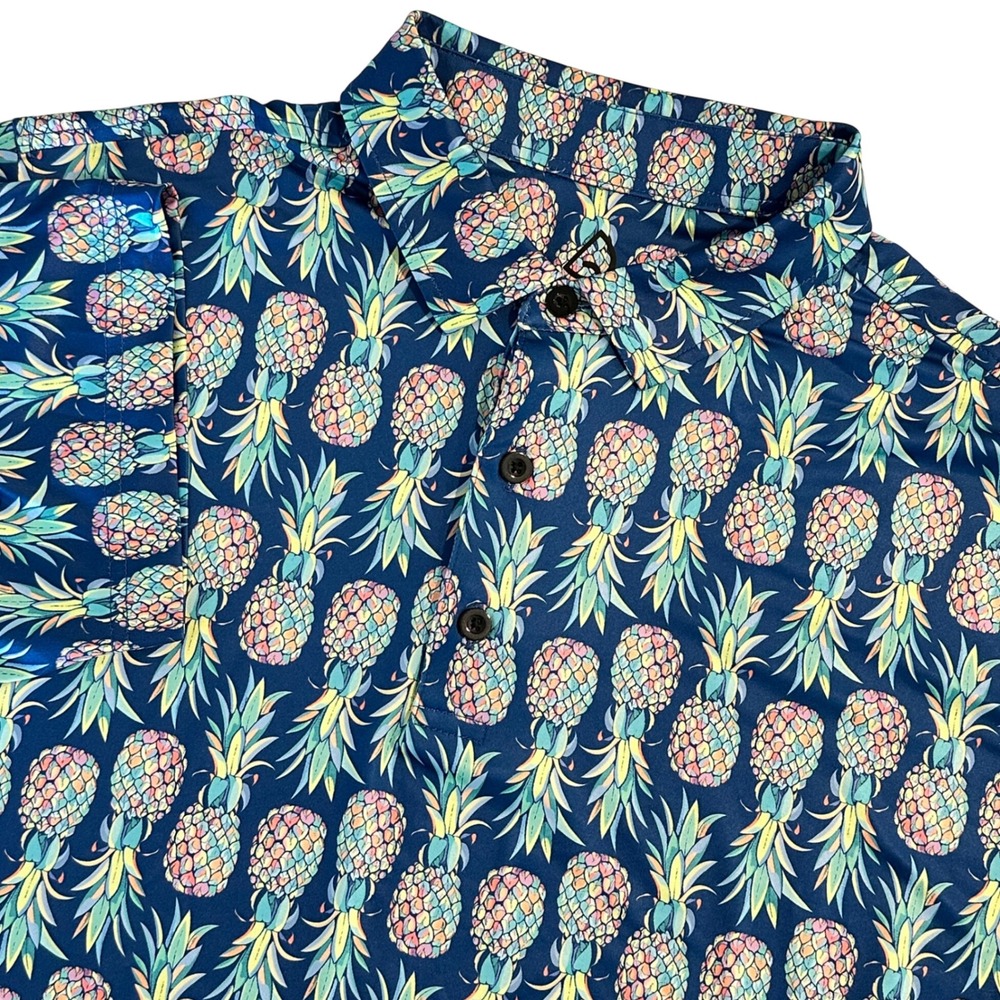 DEOLAX‎ Men's Large Pineapple Print Golf Polo Shirt Blue Tropical Short Sleeve